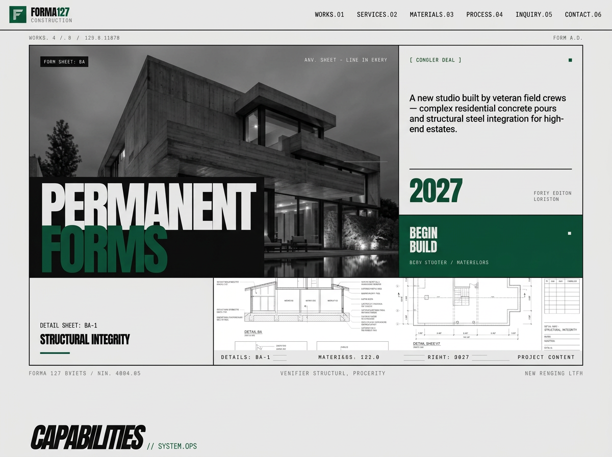 FORMA127 construction website with a concrete house, technical plans, and green typographic blocks