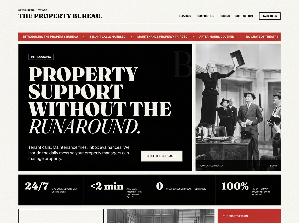 The Property Bureau website with bold editorial typography, vintage monochrome office photography, and red accents
