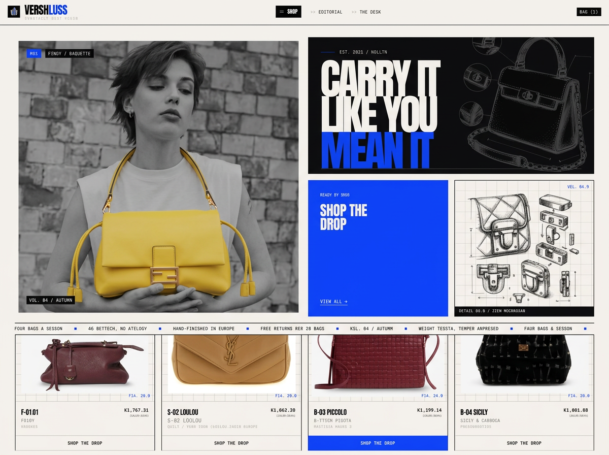 VERSHLUSS fashion website with a yellow handbag, black-and-white photography, and vivid blue blocks